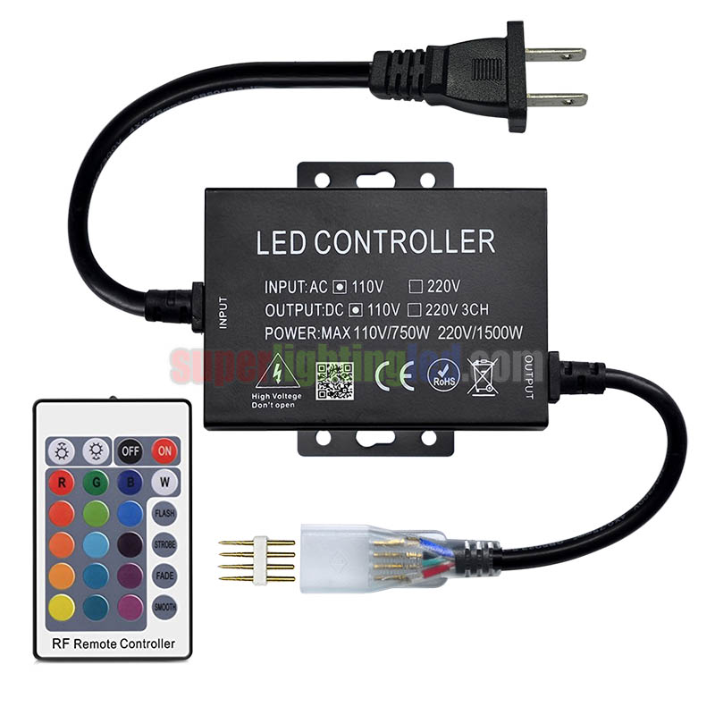 AC110/220V 1500W, 24Keys 16 Color IR LED Controller, For Bridge Lighting Project, Connect 110V 164Ft High Voltage SMD5050 RGB LED Strip,Neon